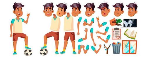 arabisch, moslim jongen kind vector. hoog school- kind. animatie creatie set. gezicht emoties, gebaren. sport spel. voetbal. glimlach, werkzaamheid, mooi. voor web, poster ontwerp. geanimeerd. illustratie vector