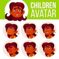 Indisch meisje avatar reeks kind vector. hoog school. Hindoe gezicht emoties. hoofd, icoon. geluk tekenfilm hoofd illustratie vector