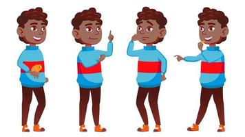 jongen schooljongen kind poses reeks vector. zwart. afro Amerikaans. hoog school- kind. school- leerling. juichen, mooi, jeugd. voor presentatie, afdrukken, uitnodiging ontwerp. geïsoleerd tekenfilm illustratie vector