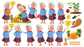 Aziatisch oud vrouw poses reeks vector. ouderen mensen. senior persoon. groente tuin. oud. vriendelijk grootouder. banier, folder, brochure ontwerp. geïsoleerd tekenfilm illustratie vector