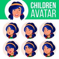 Aziatisch meisje avatar reeks kind vector. gezicht emoties. kinderen, jong mensen. leven, emotioneel. tekenfilm hoofd illustratie vector