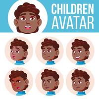 jongen avatar reeks kind vector. zwart. afro Amerikaans. hoog school. gezicht emoties. school- leerling. jochie, geboorte. tekenfilm hoofd illustratie vector