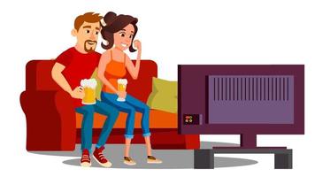 jong paar met bril van bier aan het kijken TV Aan sofa vector. geïsoleerd illustratie vector