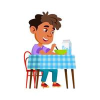 jongen aan het eten gezond ochtend- ontbijt voedsel vector