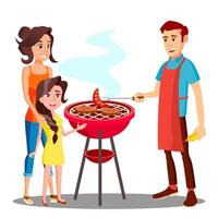 gelukkig familie hebben barbecue in de buitenshuis vector. geïsoleerd illustratie vector