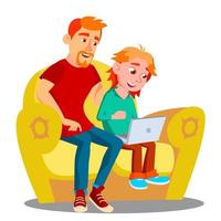 vader en zoon gebruik makend van laptop Aan de sofa vector. geïsoleerd illustratie vector