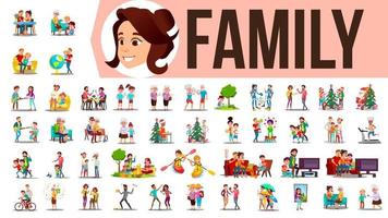 familie reeks vector. familie leden uitgeven tijd samen Bij huis, buitenshuis. vader, moeder, zoon, dochter, grootmoeder, opa. levensstijl situaties. tekenfilm illustratie vector