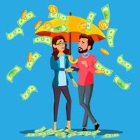 financieel succes, bedrijf Mens en vrouw staat onder paraplu onder vallend geld vector. geïsoleerd illustratie vector