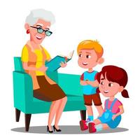 grootmoeder is lezing een boek naar haar kleinkinderen vector. geïsoleerd illustratie vector