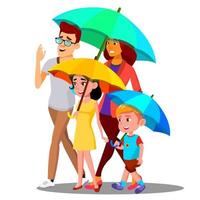 glimlachen familie Aan een wandelen onder paraplu's in de regen vector. geïsoleerd illustratie vector