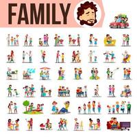 familie reeks vector. levensstijl situaties. uitgeven tijd samen Bij huis, buitenshuis. geïsoleerd tekenfilm illustratie vector