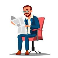 zakenman in pak lezing een krant- in comfortabel stoel vector. geïsoleerd illustratie vector