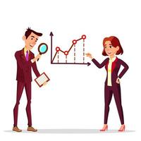 zakenman en zakenvrouw staand in de buurt bedrijf schema met vergroten glas en potlood vector vlak tekenfilm illustratie
