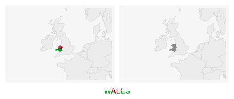 twee versies van de kaart van Wales, met de vlag van Wales en gemarkeerd in donker grijs. vector