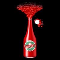 fles van ketchup met verspreide rood saus vector