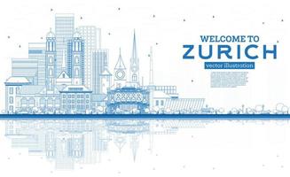 schets Welkom naar Zürich Zwitserland horizon met blauw gebouwen en reflecties. vector