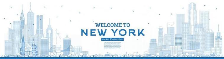 schets Welkom naar nieuw york Verenigde Staten van Amerika horizon met blauw gebouwen. vector