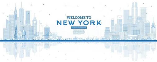 schets Welkom naar nieuw york Verenigde Staten van Amerika horizon met blauw gebouwen en reflecties. vector