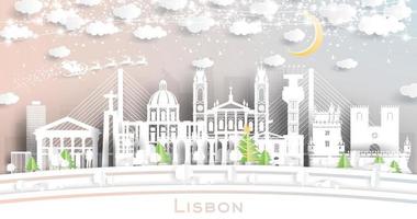 Lissabon Portugal stad horizon in papier besnoeiing stijl met sneeuwvlokken, maan en neon guirlande. vector