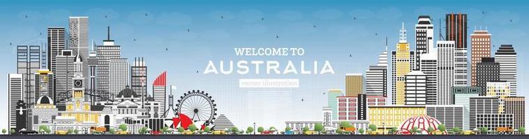 Welkom naar Australië horizon met grijs gebouwen en blauw lucht. vector