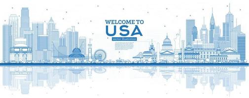 schets Welkom naar Verenigde Staten van Amerika horizon met blauw gebouwen en reflecties. vector