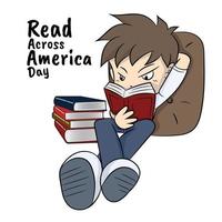 nationaal lezen aan de overkant Amerika dag vector. weinig lezer met boek vector