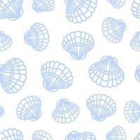 zomer marinier minimalistisch naadloos patroon met schelpen. coquille, pectinidae, tweekleppig weekdier. oceaan bewoners. wit en blauw kleuren. lijn kunst stijl. voor behang, het drukken Aan kleding stof, inpakken. vector
