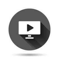 TV scherm icoon in vlak stijl. video vector illustratie Aan zwart ronde achtergrond met lang schaduw effect. computer toezicht houden op cirkel knop bedrijf concept.
