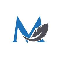 brief m veer logo ontwerp gecombineerd met vogel veer wijn voor procureur, wet symbool vector