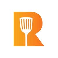 brief r keuken spatel logo. keuken logo ontwerp gecombineerd met keuken spatel voor restaurant symbool vector