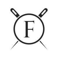 brief f kleermaker logo, naald- en draad combinatie voor borduren, textiel, mode, lap, kleding stof sjabloon vector