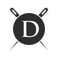brief d kleermaker logo, naald- en draad combinatie voor borduren, textiel, mode, lap, kleding stof sjabloon vector