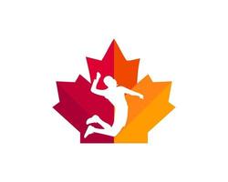 esdoorn- volleybal speler logo ontwerp. Canadees volleybal speler logo. rood esdoorn- blad met volleybal speler vector
