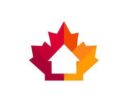 esdoorn- huis logo ontwerp. Canadees echt landgoed logo. rood esdoorn- blad met huis vector