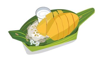 Thais toetje vector illustratie mango kleverig rijst- geplaatst Aan een banaan blad Aan