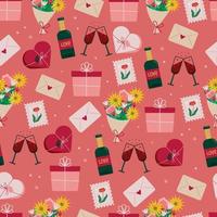 romantisch naadloos patroon met enveloppen bloemen cadeaus Valentijnsdag dag. vector achtergrond met roze harten, bril en een fles van rood wijn