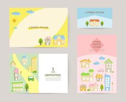 kaart sjabloon reeks met huizen illustratie, kawaii pastel gekleurde stijl vector