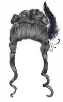 vrouw pruik haren krullen. middeleeuws stijl rococo,barok.hoog haarsnit met veerkracht. vector