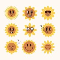 groovy tekenfilm zonnebloemen karakter met tekenfilm grappig gezichten vector