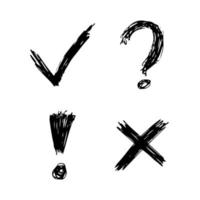 hand- getrokken controleren, kruis, vraag Mark en uitroep Mark symbolen. reeks van vier zwart schetsen symbolen. vector illustratie
