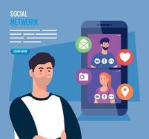 sociaal netwerk, mensen verbonden in smartphone, interactief, communiceren en globaal concept vector