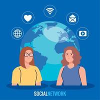 sociaal netwerk, Dames met wereld planeet en sociaal media pictogrammen, globaal communicatie concept vector