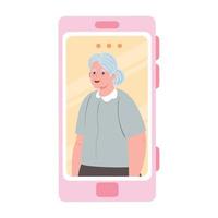 smartphone videogesprek, oude vrouw in online videogesprek vector