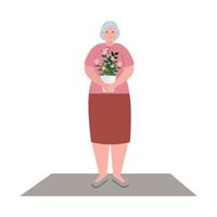 leuke oude vrouw met potplant, grootmoeder met potplant op witte achtergrond vector