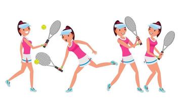 vrouw tennis speler vector. vrouw groot tennis sport atleet. verschillend poseert. tekenfilm karakter illustratie vector