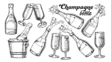 Champagne fles en glas monochroom reeks vector