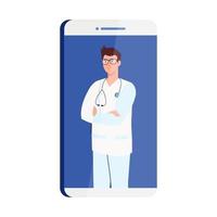 geneeskunde online met dokter mannetje in smartphone vector