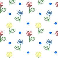 kinderen tekening. bloemen en bladeren naadloos achtergrond. tekening met bloemen met was- kleurpotloden vector