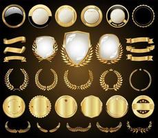 verzameling van gouden badges etiketten laurier kransen en schild vector illustratie