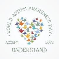kleurrijk ontwerp woord wereld autisme bewustzijn dag met hand- puzzel vormig liefde symbool vector